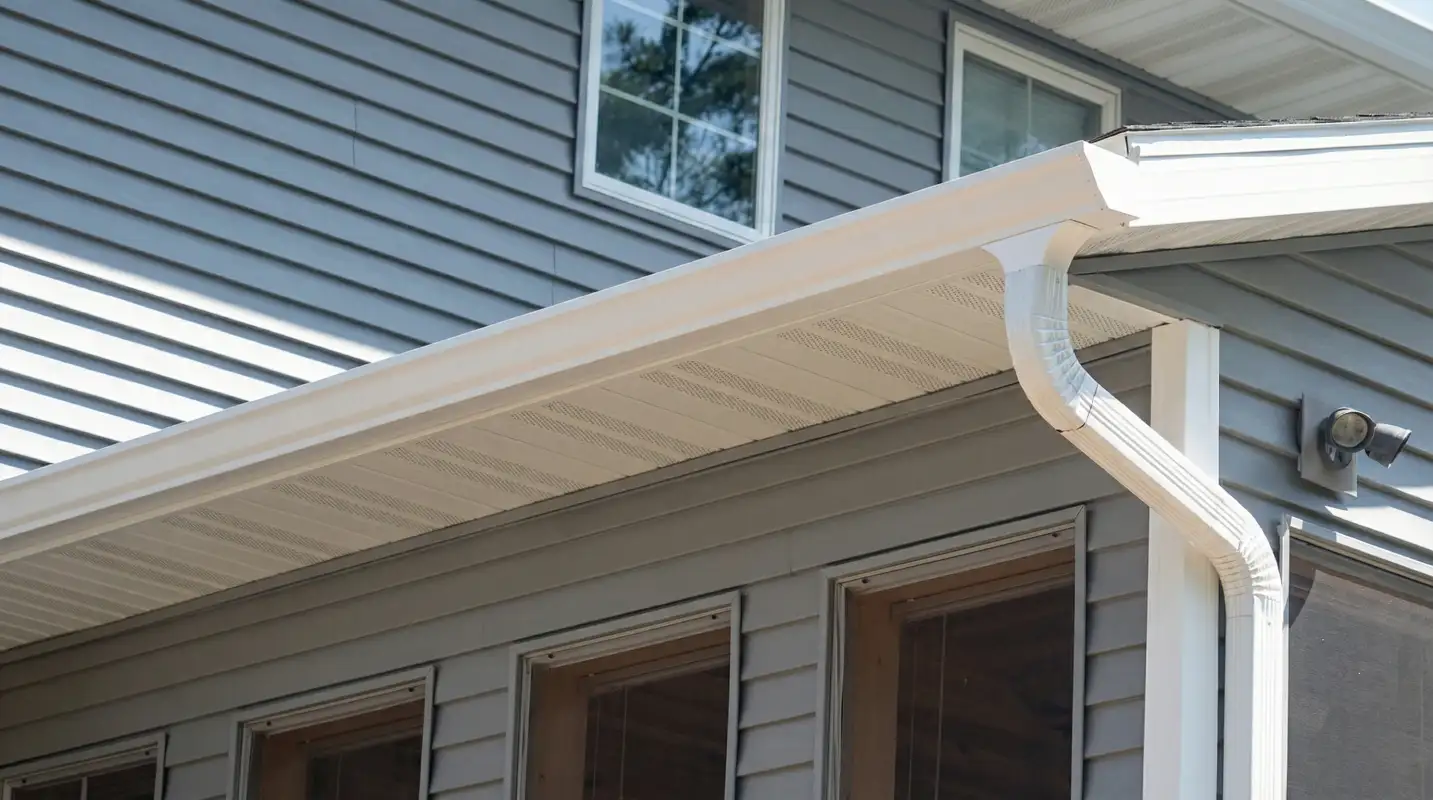 Professional home remodeling project showing newly installed white seamless gutters and downspouts on a house with gray siding in Toledo, OH