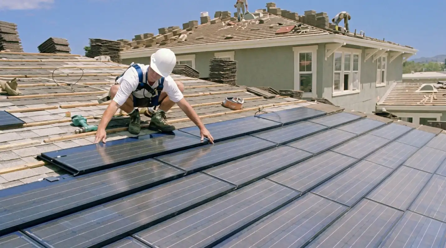 Roof replacement expert installing modern solar shingles on a residential home in Toledo, OH
