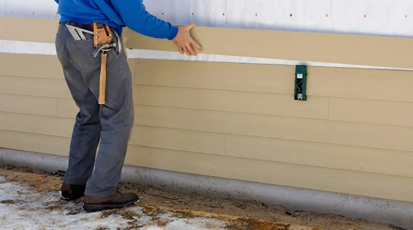 Siding replacement expert carefully aligning a new tan siding panel onto a residential exterior wall in Toledo, OH