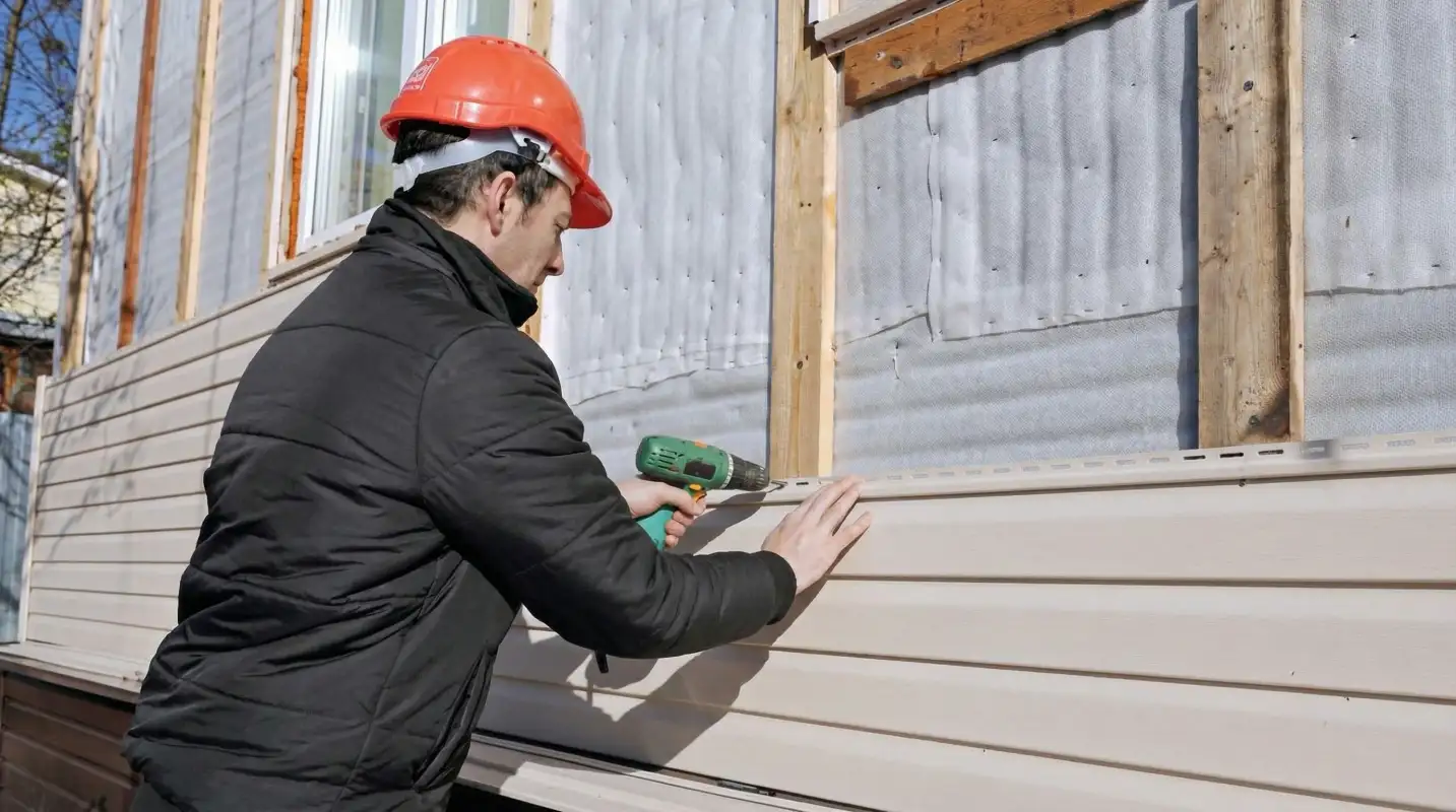 Siding replacement professional using a power drill to install new tan vinyl siding on a home exterior in Toledo, OH