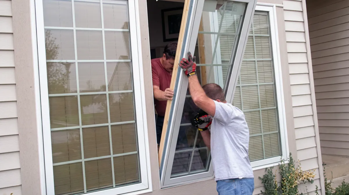 Professional home remodeling team installing a large replacement window on a house with tan siding in Toledo, OH