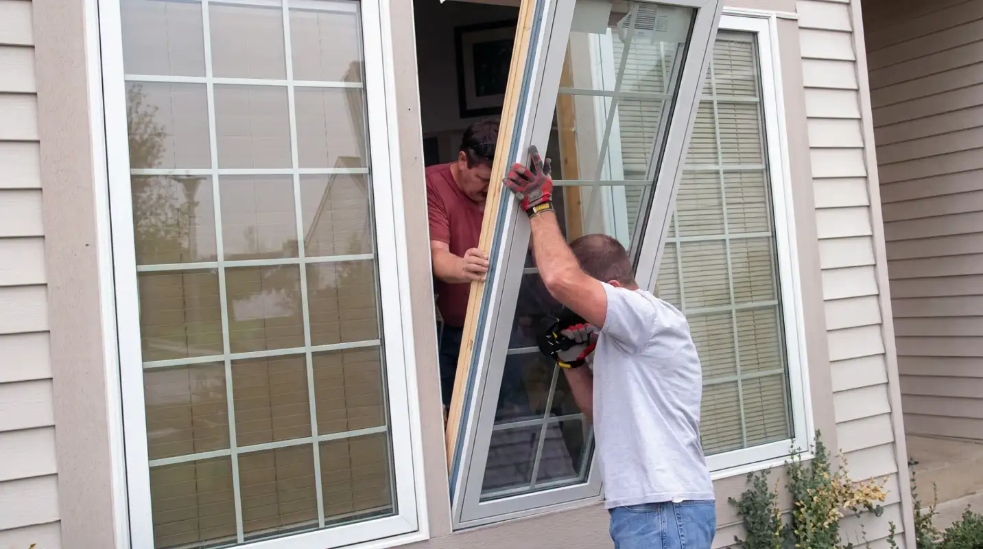 Professional home remodeling team installing a large replacement window on a house with tan siding in Toledo, OH